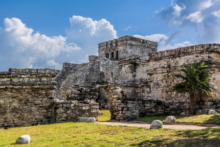 Tulum Archaeological Zone, Quintana Roo, Mexico. It is an ancient walled Mayan city, built facing the Caribbean Sea. Famous for its main temple, "El Castillo".の写真素材