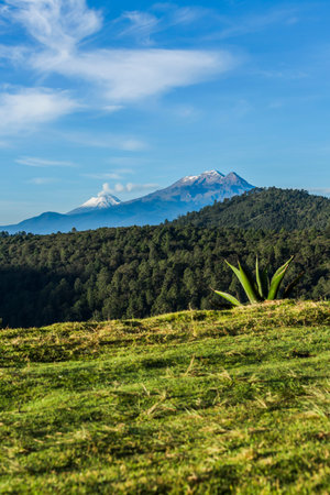 IztaccÃ­huatl (White Woman) and PopocatÃ©petl (Smoking Hill) Volcanoes, seen from the north on a...
