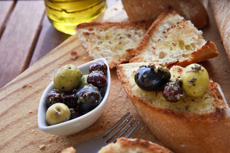Close up of bread with olivesの写真素材