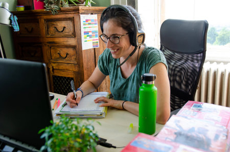 High school and secundary teacher of languages working from home during coronavirus quarantine