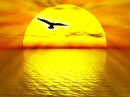 Illustration about yellow sun going down the ocean for sunsetの写真素材