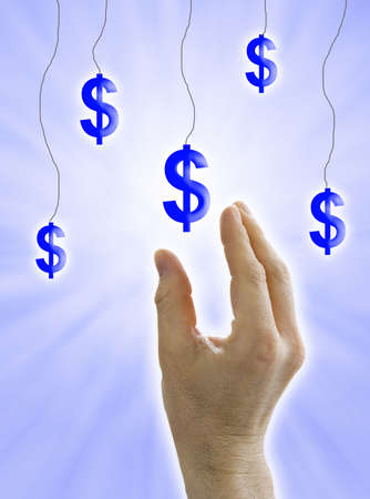 A man hand trying to take dollars from the skyの写真素材