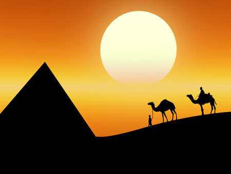 Hot landscape as this desert sunset with camels on the background
