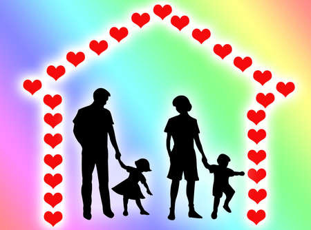 Happy family at home with a hearts frameの写真素材