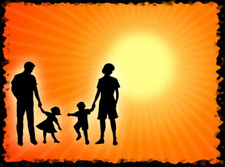 Mother, father and children in the sunの写真素材