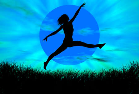 Black woman figure jumping in a blue landscapeの写真素材
