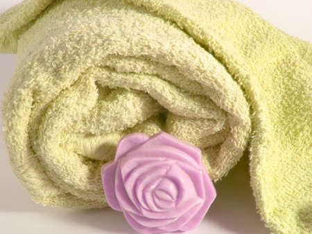 Towels and soap as objects in the bathroomの写真素材