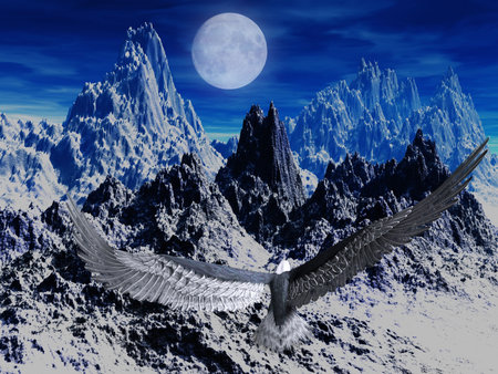 Eagle flight against white snowy mountains in the night