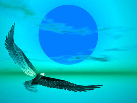 Eagle flying towards the sun in this blue illustrationの写真素材