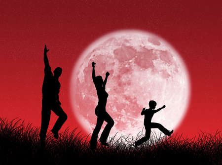 Happy  running and jumping in the moonの写真素材