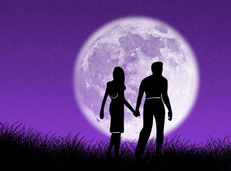 Couple walking towards the moon as symbol of loveの写真素材