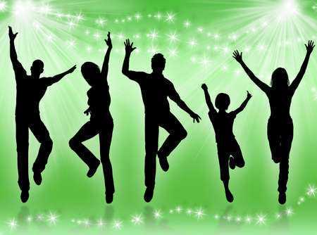 Young people and friends jumping and dancing for happinessの写真素材