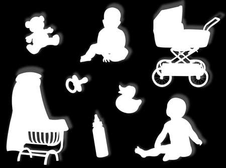 Baby silhouettes with baby objects and game silhouettesの写真素材