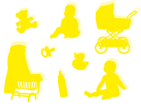 Baby silhouettes with baby objects and game silhouettesの写真素材