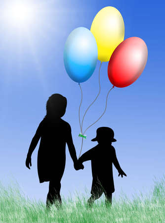 Children with toy balloons in a sunny dayの写真素材