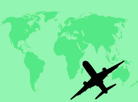 Airplane silhouette on the world as symbol of travelの写真素材