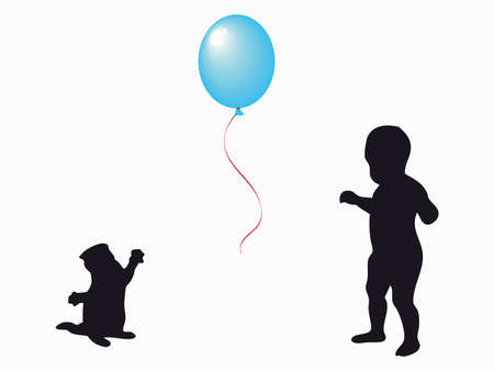 Baby and little cat playing with a colorful balloonのイラスト素材