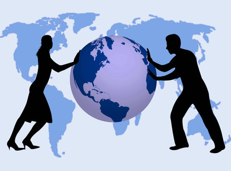 Business man and woman pushing the world