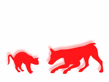 Funny cat and dog silhouette playing togetherの写真素材