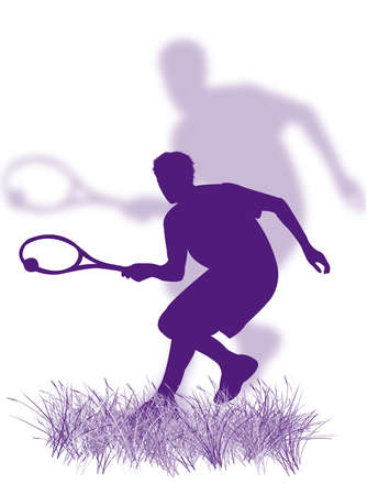 Tennis player silhouette playing tennis on the grassの写真素材