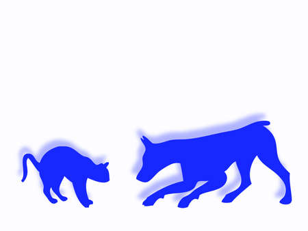 Funny cat and dog silhouette playing togetherの写真素材