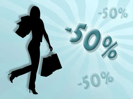 Woman shopping and discounts percentages illustration to represent discount conceptの写真素材