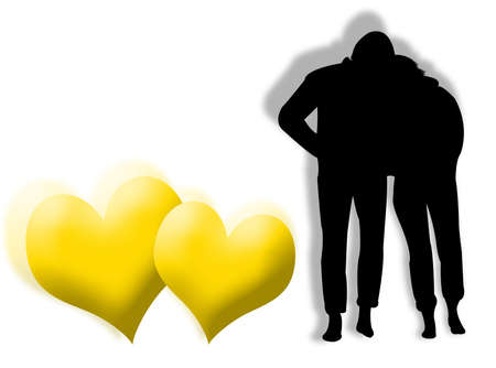 Lovers in silhouette with hearts on the backgroundの写真素材