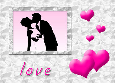 Wedding portrait in a love card with heartsの写真素材