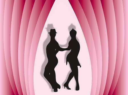 Couple dancing on a colorful stage with curtainの写真素材