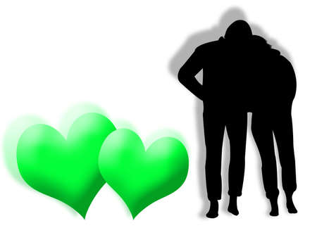 Lovers in silhouette with hearts on the backgroundの写真素材