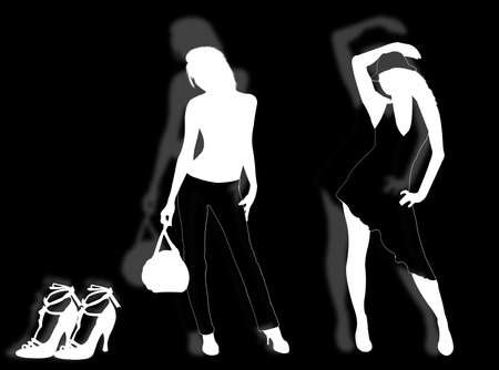 Models in different poses with shoes on the backgroundの写真素材