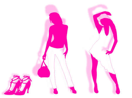 Models in different poses with shoes on the backgroundの写真素材