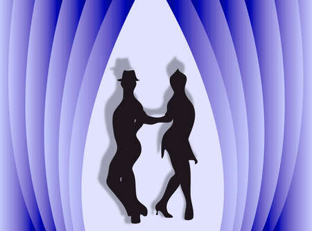 Couple dancing on a colorful stage with curtainの写真素材