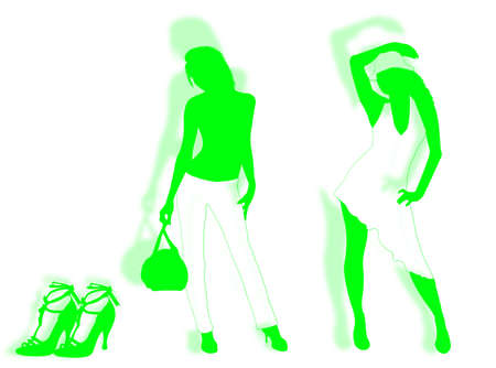 Models in different poses with shoes on the backgroundの写真素材