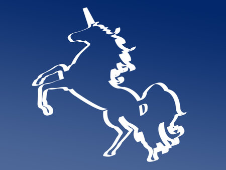 Unicorn in silhouette on a colorful backgroundの写真素材