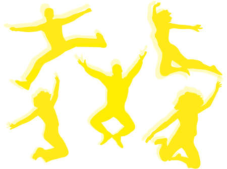 Men and women jumping and dancing for happinessの写真素材