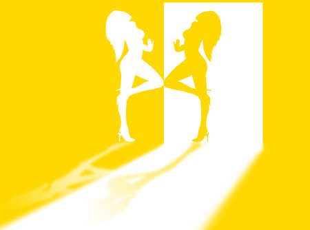Woman silhouette on the door and in the lightの写真素材