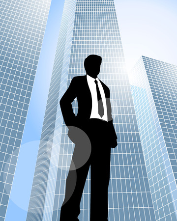 Vector illustration of a businessman standing at skyscrapers backgroundのイラスト素材