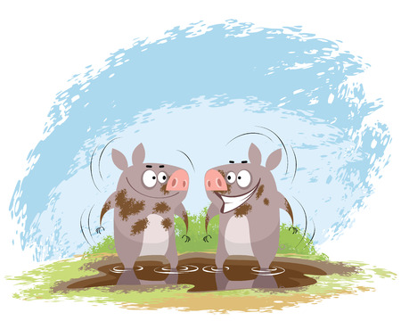 Vector illustration of a two boars in mudのイラスト素材