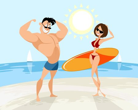 Vector illustration of a couple on the beachのイラスト素材