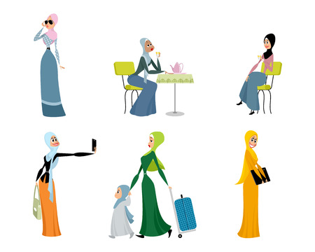 A vector illustration of six beautiful Arab women on white background.のイラスト素材