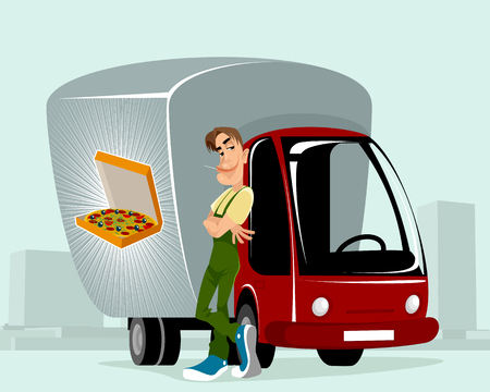 Vector illustration of a courier delivering the pizzasのイラスト素材