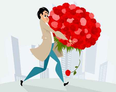 Vector illustration of man with huge bouquet of flowersのイラスト素材