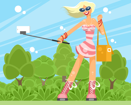 Vector illustration of a girl making a selfieのイラスト素材
