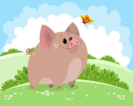 Vector illustration of piggy on fresh airのイラスト素材