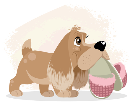 Vector illustration of dog with slippers in his teethのイラスト素材