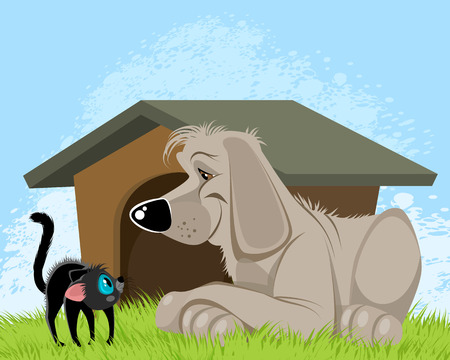 Vector illustration of a small kitten and big dogのイラスト素材