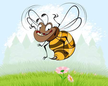 Vector illustration of funny bee on background of natureのイラスト素材