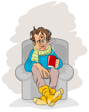 Vector illustration of a sick man with a thermometerのイラスト素材