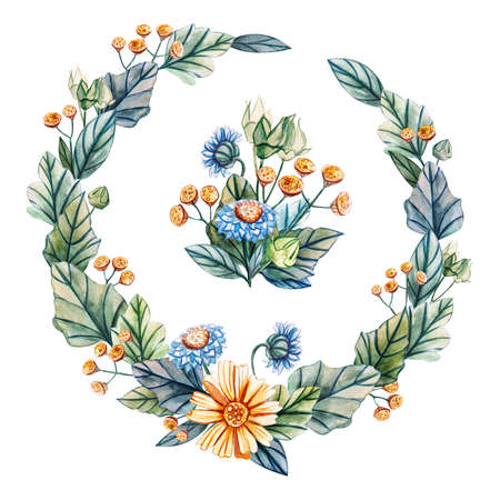 A wreath and a bouquet of wildflowers. Hand-drawn watercolor.の写真素材